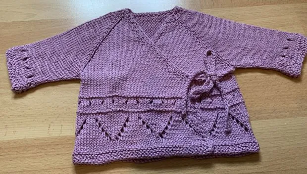 Hand Knitted Baby Wrap Jacket Purple with Tie Straps