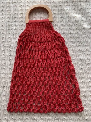 Crocheted Shopping Net Ribbon Yarn with Wooden Handle - Handmade