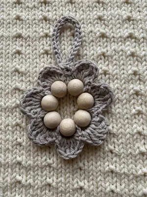 Crochet 100% recycled cotton bag dangler with wooden beads