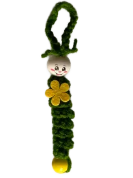 Sorgenwürmchen Glückswürmchen dunkelgrün mit Fühlern, Blümchen und Perle