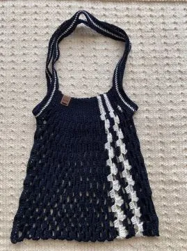 Einkaufsnetz blau/weißes Bändchengarn - Handarbeit