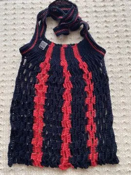 Einkaufsnetz blau/rotes Bändchengarn - Handarbeit