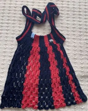 Einkaufsnetz blau/rotes Bändchengarn - Handarbeit