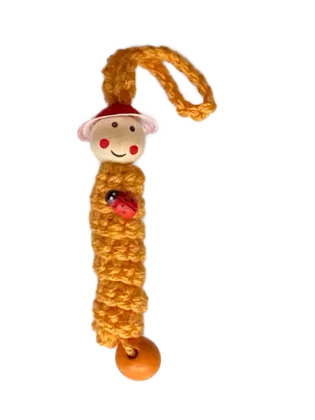 Sorgenwürmchen orange mit Perle, Rotes Hütchen und Marienkäfer