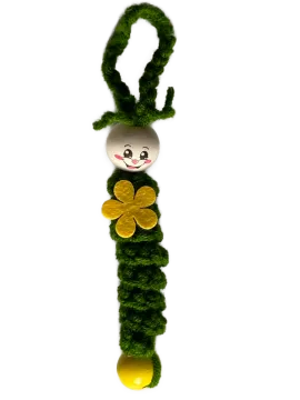 Sorgenwürmchen Glückswürmchen dunkelgrün mit Fühlern, Blümchen und Perle